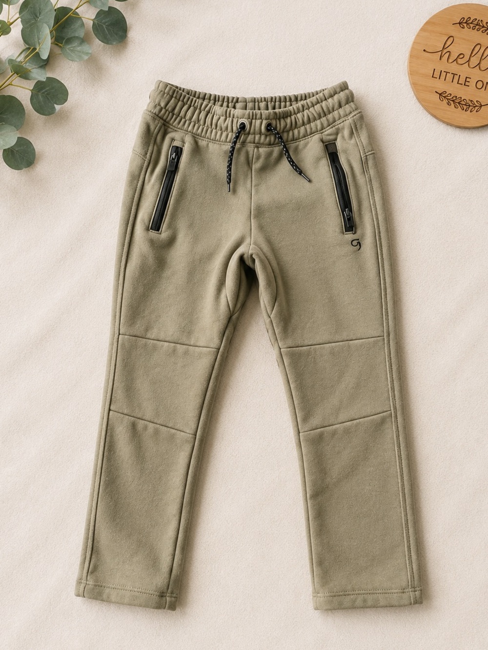 GapFit Boys Jogger Pants 4Y Olive Green Fleece Lined Zip Pocket Athletic